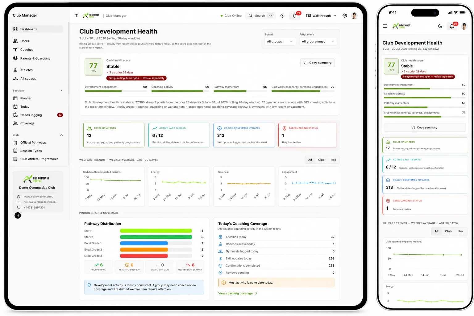 Club dashboard preview showing squad health, welfare visibility, and club metrics